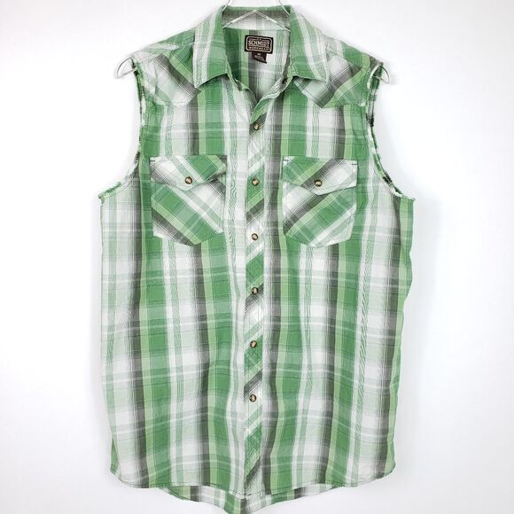C.E. Schmidt workwear mens shirt Sleeveless green plaid snap front western farm - Picture 1 of 4